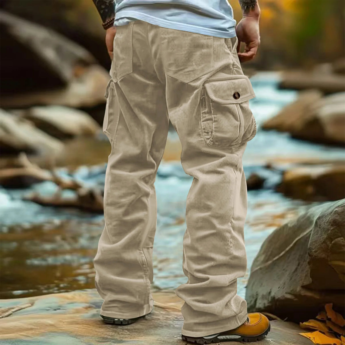 Mens Corduroy Pants Vintage  Multi Pocket Casual Trousers