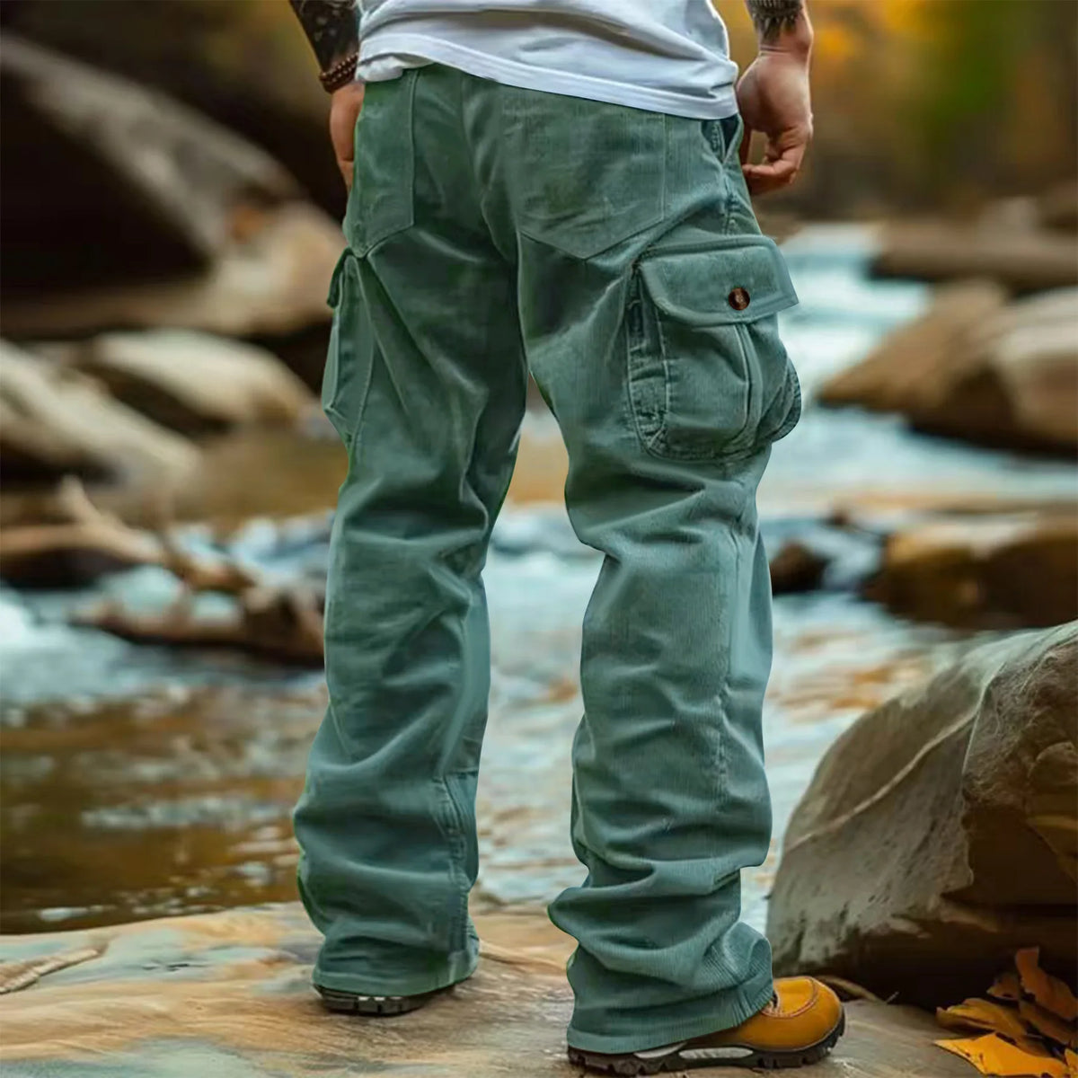 Mens Corduroy Pants Vintage  Multi Pocket Casual Trousers
