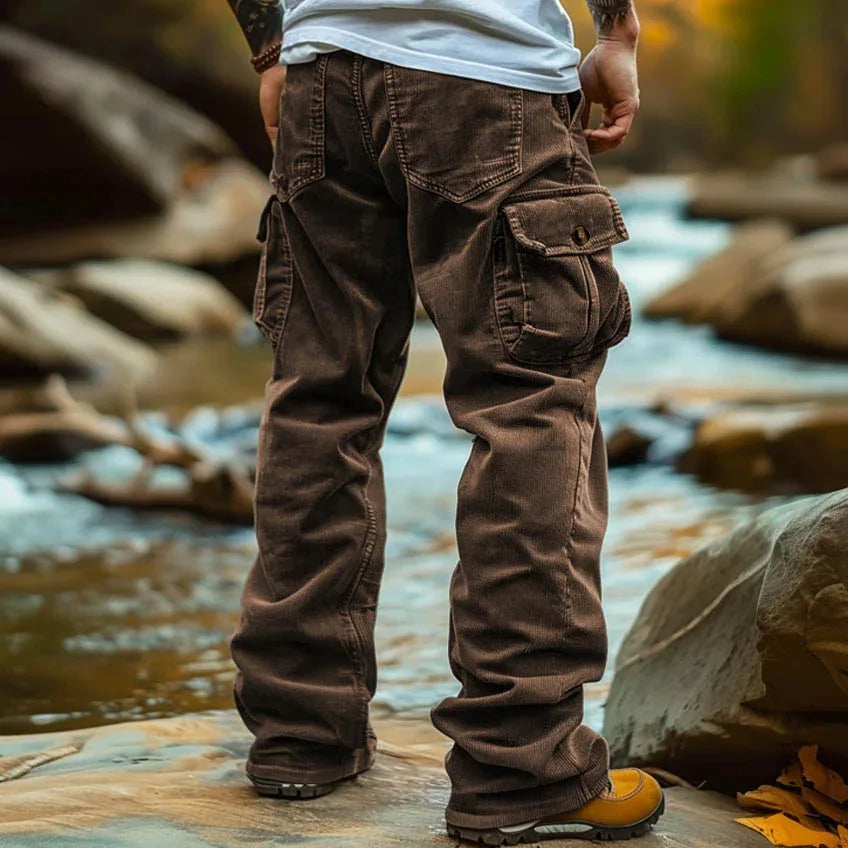 Mens Corduroy Pants Vintage  Multi Pocket Casual Trousers