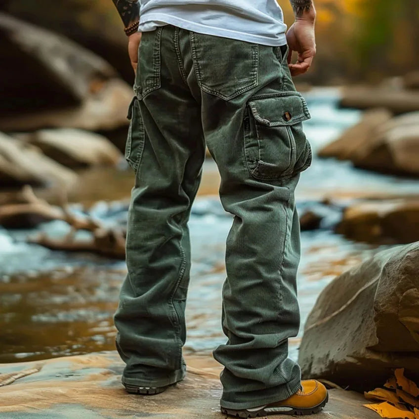 Mens Corduroy Pants Vintage  Multi Pocket Casual Trousers
