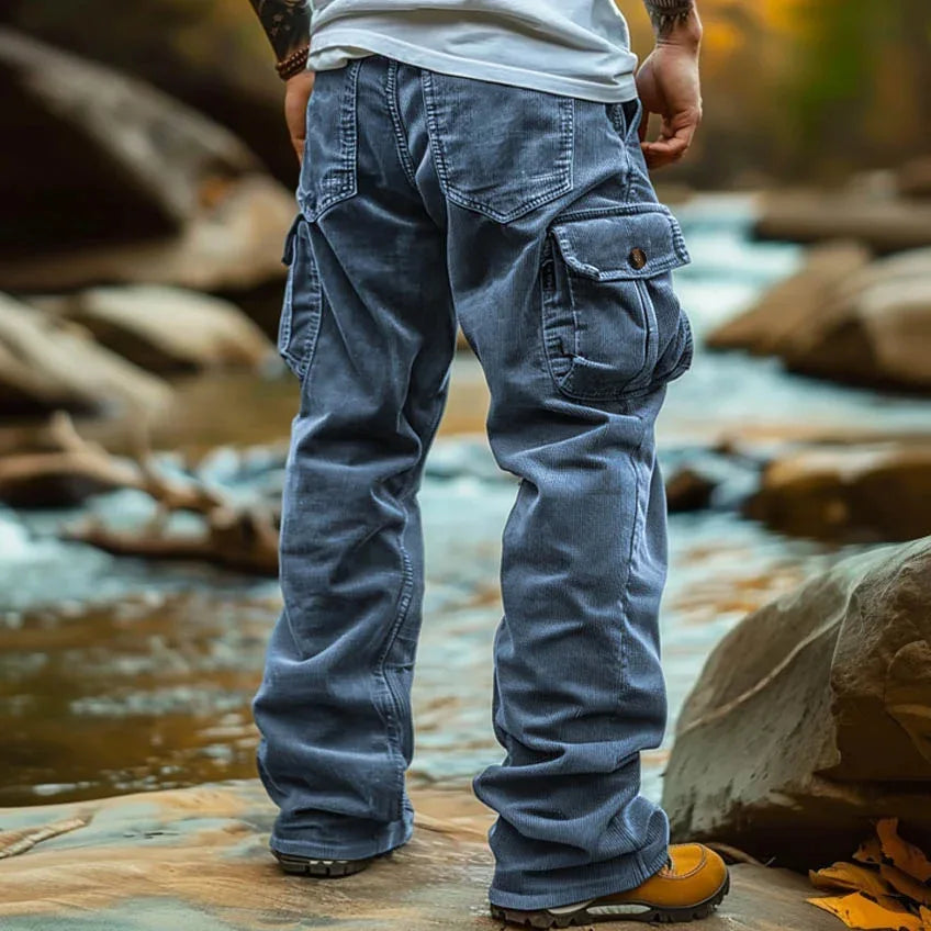 Mens Corduroy Pants Vintage  Multi Pocket Casual Trousers